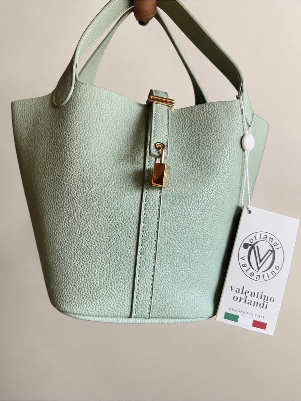 Valentino Orlandi Mint Green Pebbled Leather Bucket Bag with Gold Hardware